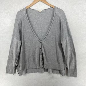 EILEEN FISHER Cardigan M Organic Cotton Button Front V-Neck Waffle Knit Gray